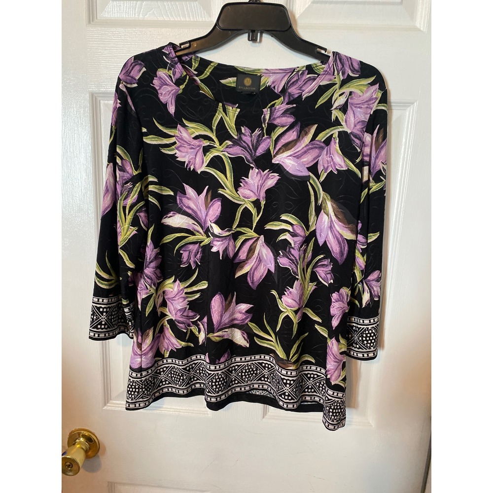 JM Collection Womens Petite XL Purple Floral Lily 3/4‎ Sleeve Scoop Neck Blouse